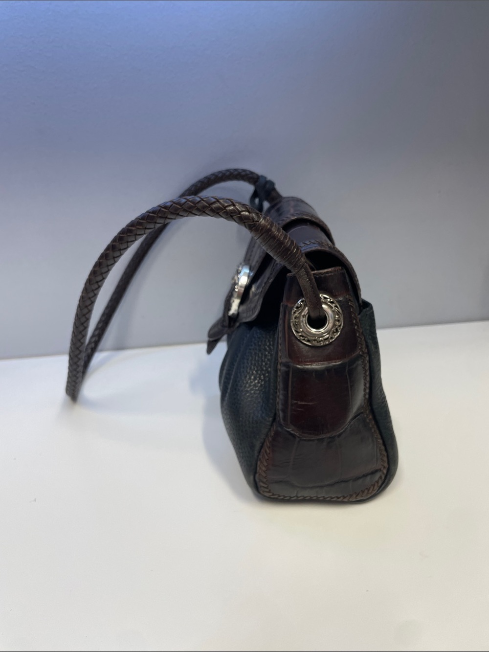 BRIGHTON Vintage Brown and Black Croc-Accent Shoulder Bag - Picture 6 of 12